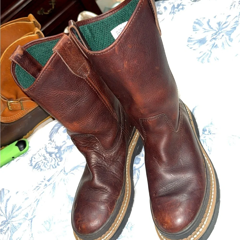 Georgia Boot Brown Leather Pull-On Work Boots with Green Lining